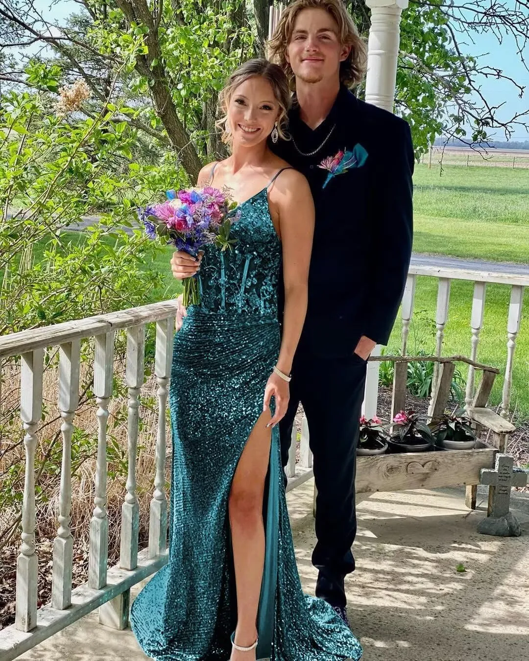 OFEECHUN Women's Lace Applique Sequin Prom Dresses with Slit Corset Formal Dress V Neck Sparkly Long Evening Party Gowns