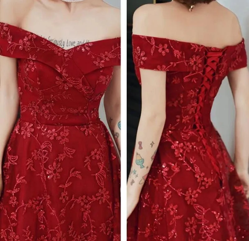 Off Shoulder Burgundy Lace Appliques Long Prom Dress, Off Shoulder Burgundy Formal Dress, Burgundy Lace Evening Dress
