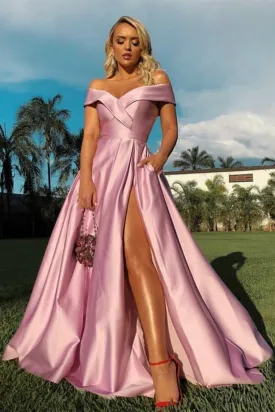 Off the Shoulder Pink Satin Long Prom Dresses with High Slit, Off Shoulder Pink Formal Dresses, Pink Evening Dresses