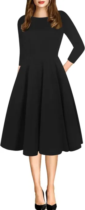 oxiuly Women's Vintage Patchwork Pockets Puffy Swing Casual Party Dress OX165