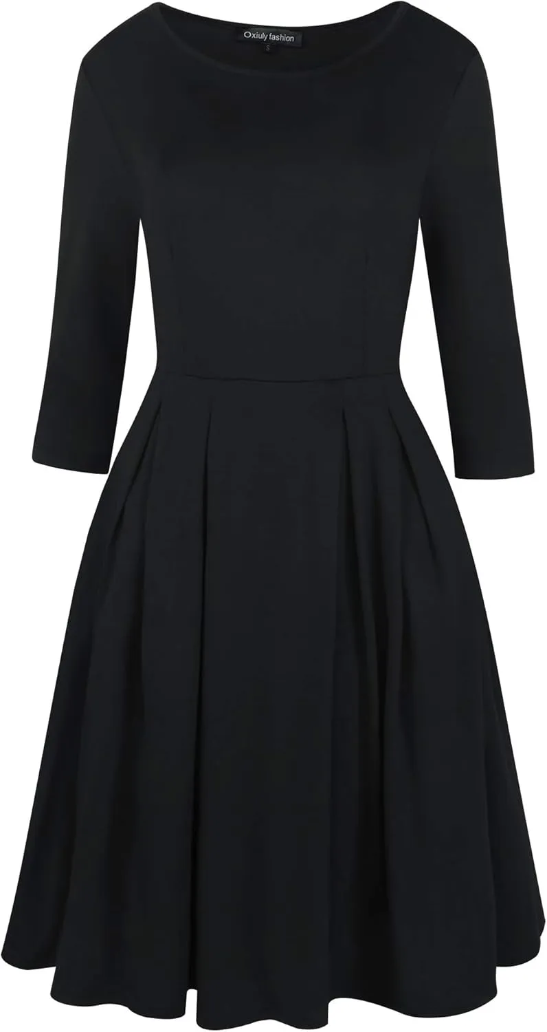 oxiuly Women's Vintage Patchwork Pockets Puffy Swing Casual Party Dress OX165