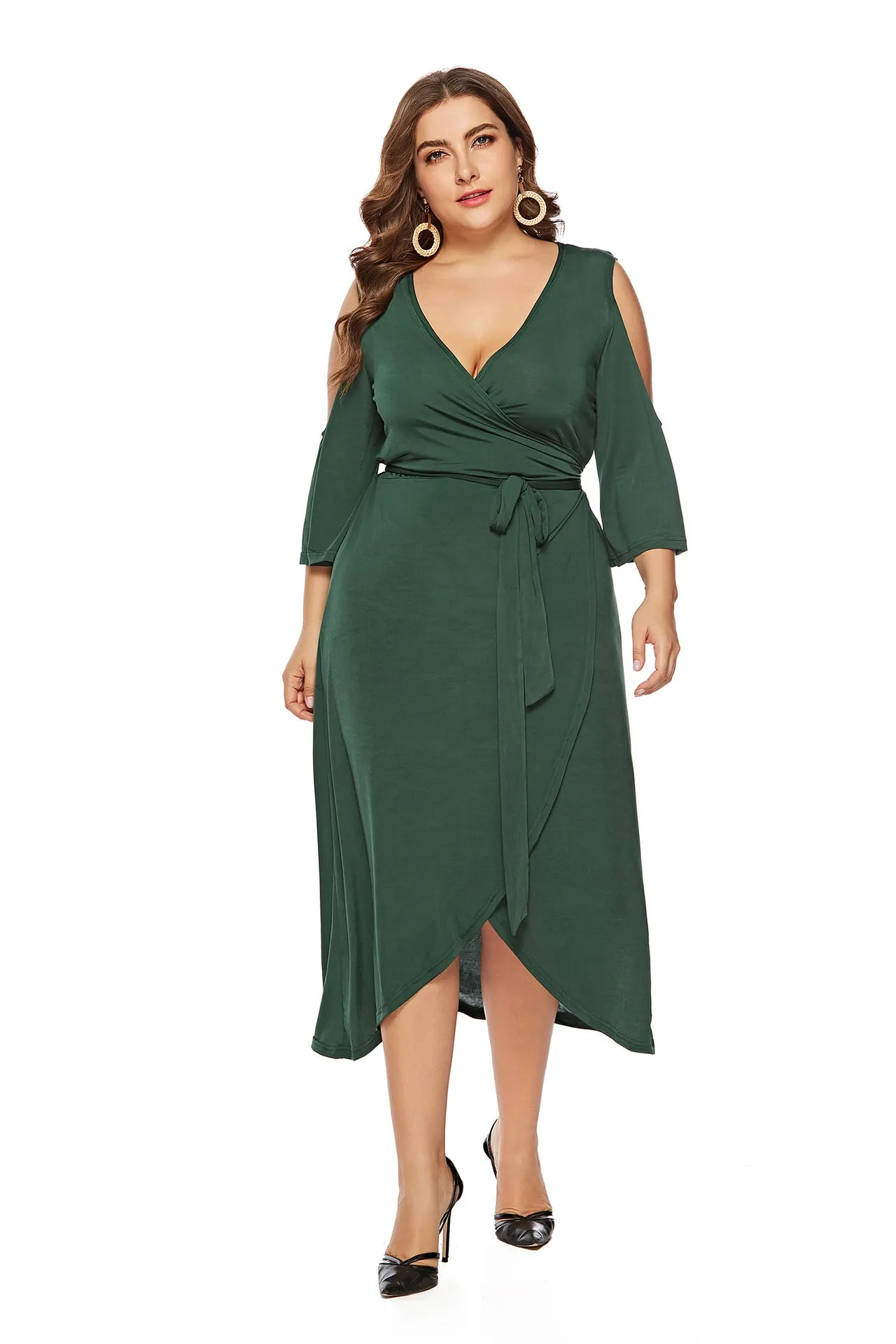Plus Size Plus Size Summer  Women Clothes Short Sleeve Split Lace up off Shoulder Dress