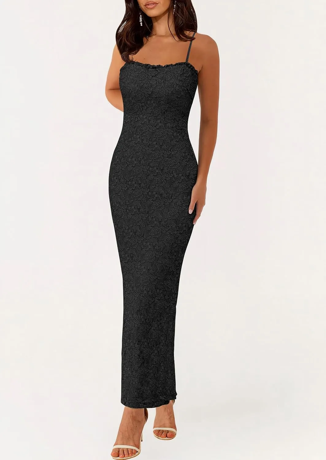 PRETTYGARDEN Women's Summer Formal Prom Dress 2025 Spaghetti Strap Lace Floral Wedding Guest Evening Bodycon Dresses