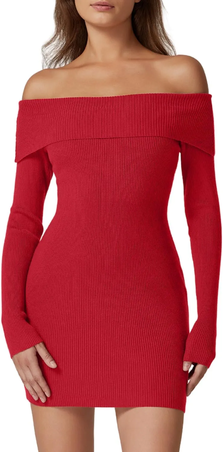 QINSEN Women's Off The Shoulder Ribbed Knit Sweater Dress Folded Neck Long Sleeve Mini Dress 2024 Trendy Fall Outfits