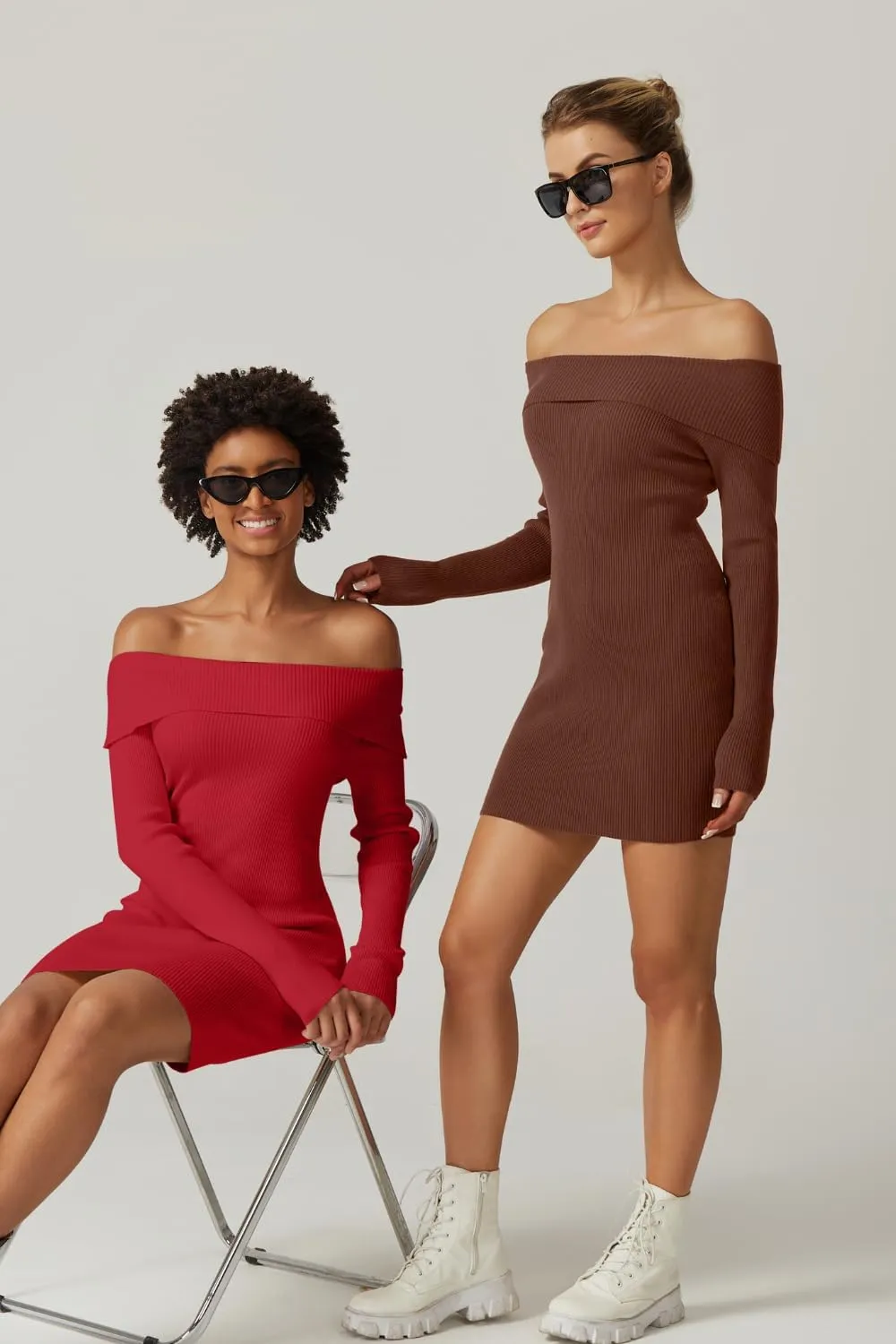 QINSEN Women's Off The Shoulder Ribbed Knit Sweater Dress Folded Neck Long Sleeve Mini Dress 2024 Trendy Fall Outfits