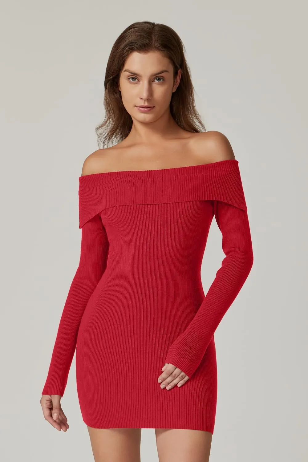 QINSEN Women's Off The Shoulder Ribbed Knit Sweater Dress Folded Neck Long Sleeve Mini Dress 2024 Trendy Fall Outfits
