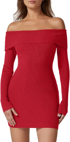 QINSEN Women's Off The Shoulder Ribbed Knit Sweater Dress Folded Neck Long Sleeve Mini Dress 2024 Trendy Fall Outfits
