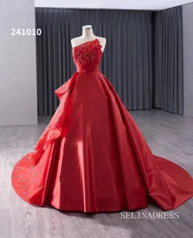 Red Beaded Satin Wedding Dress Strapless Ball Gown Quinceanera Dress 241010