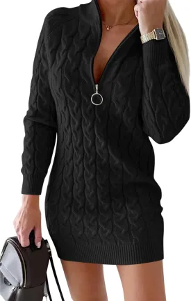 Saodimallsu Womens Cable Knit Sweater Dress Half Zip Long Sleeve Sexy Bodycon Mock Neck Chunky Mini Dresses
