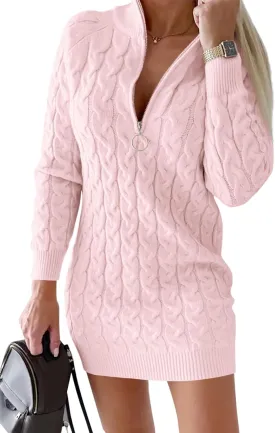 Saodimallsu Womens Cable Knit Sweater Dress Half Zip Long Sleeve Sexy Bodycon Mock Neck Chunky Mini Dresses