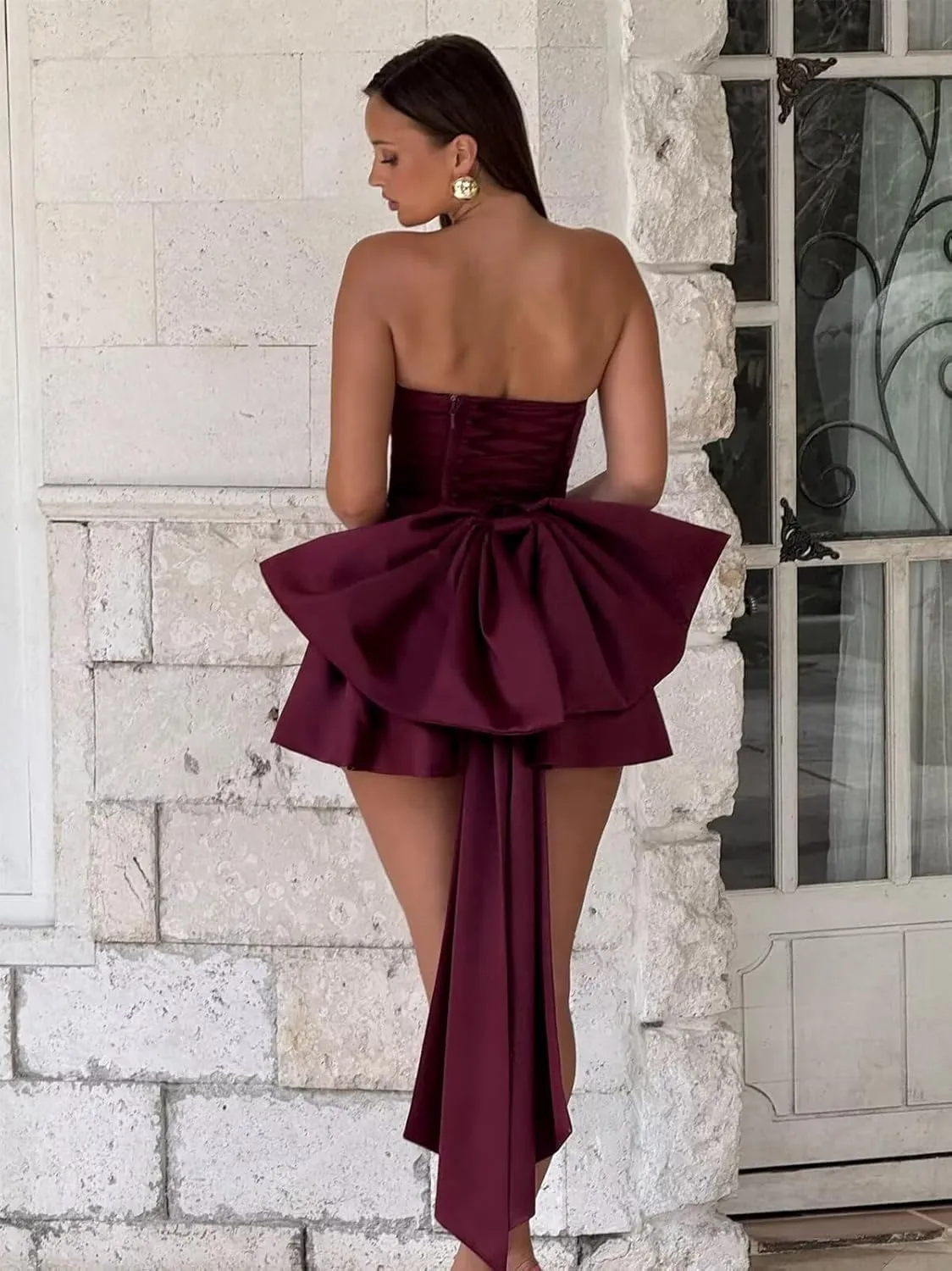 Satin Homecoming Dresses Strapless Corset Cocktail Party Gown Short A-Line HOCO Dress with Bow