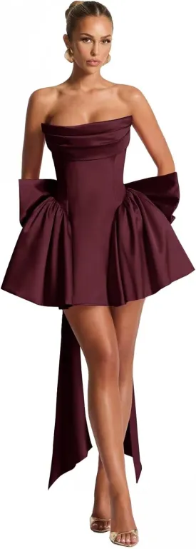 Satin Homecoming Dresses Strapless Corset Cocktail Party Gown Short A-Line HOCO Dress with Bow