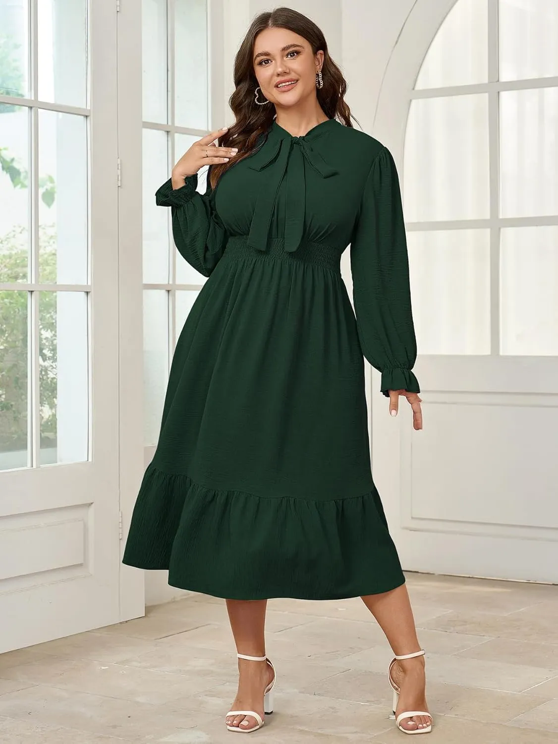 SCOMCHIC Womens Plus Size Midi Dress Flowy A Line Bow Tie Swing Dress Formal Work Party Cocktail Dresses for Wedding Guest