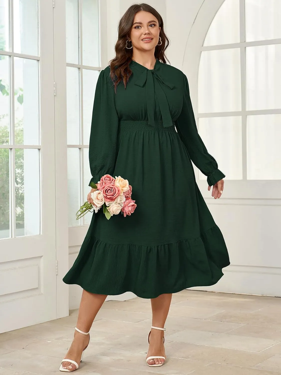 SCOMCHIC Womens Plus Size Midi Dress Flowy A Line Bow Tie Swing Dress Formal Work Party Cocktail Dresses for Wedding Guest
