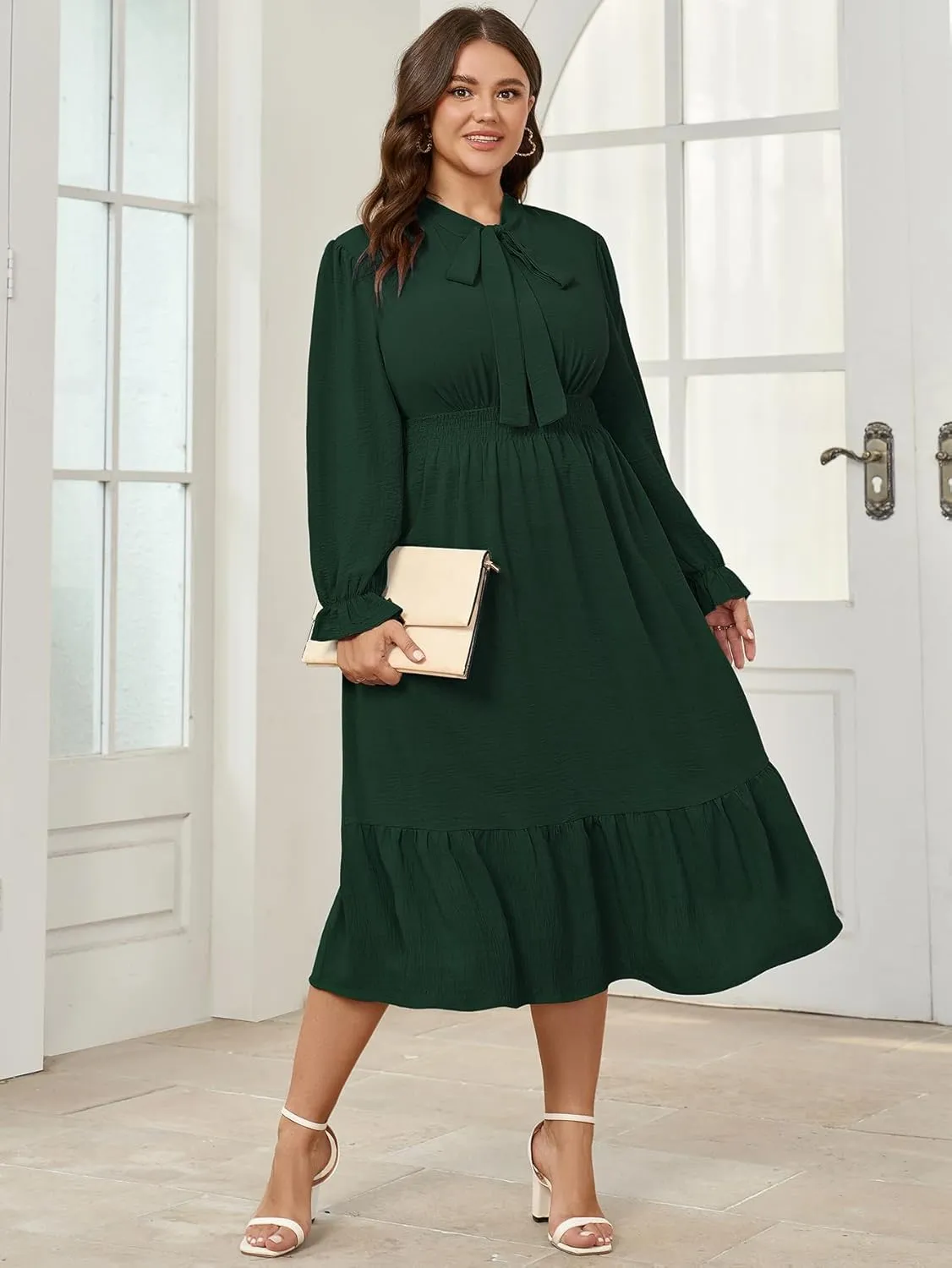 SCOMCHIC Womens Plus Size Midi Dress Flowy A Line Bow Tie Swing Dress Formal Work Party Cocktail Dresses for Wedding Guest
