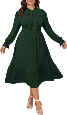 SCOMCHIC Womens Plus Size Midi Dress Flowy A Line Bow Tie Swing Dress Formal Work Party Cocktail Dresses for Wedding Guest