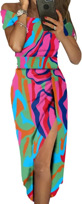 Sidefeel Women's Casual Off The Shoulder Floral Print Ruched High Slit Bodycon Evening Party Dress