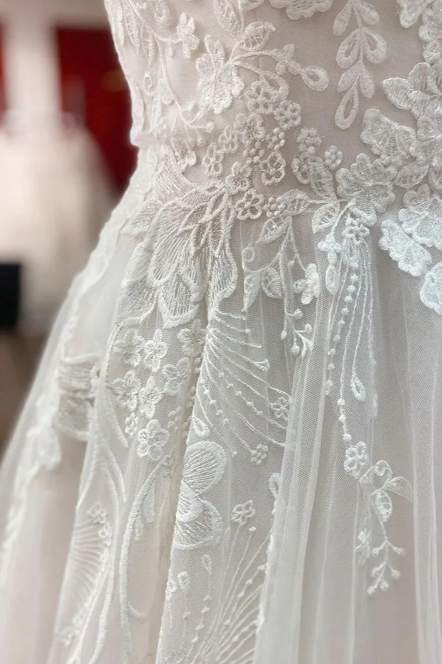 Simple V-Neck Long A-Line Tulle Lace Wedding Dress with Open Back and Appliques