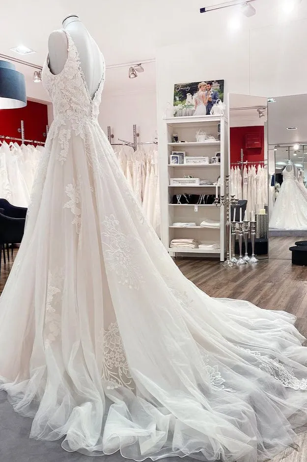 Simple V-Neck Long A-Line Tulle Lace Wedding Dress with Open Back and Appliques