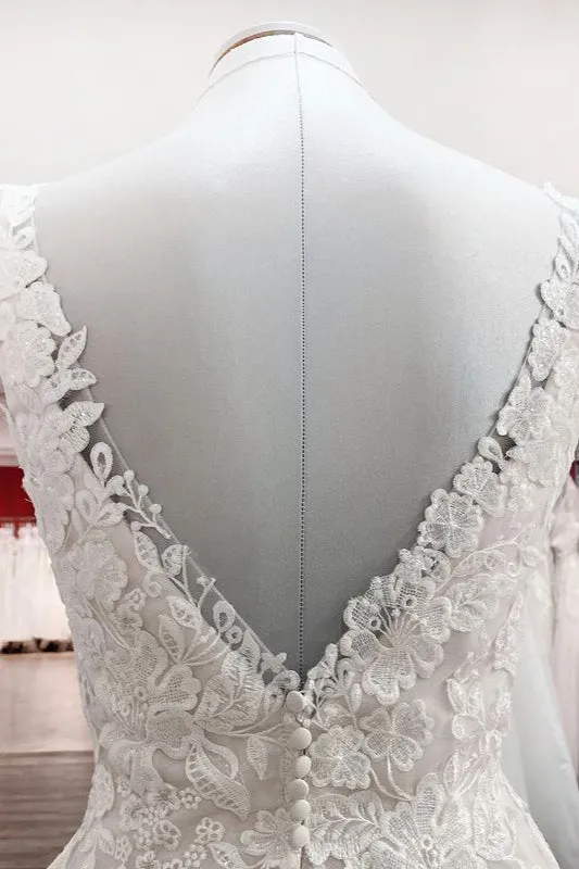 Simple V-Neck Long A-Line Tulle Lace Wedding Dress with Open Back and Appliques
