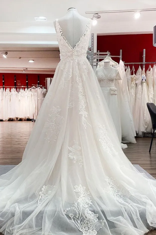 Simple V-Neck Long A-Line Tulle Lace Wedding Dress with Open Back and Appliques