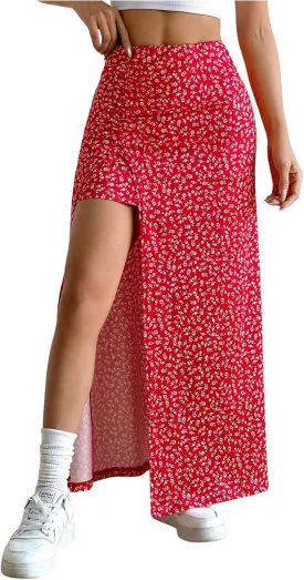 SweatyRocks Women's Floral Print Split Thigh Mid Waist Boho Vacation Long Skirts