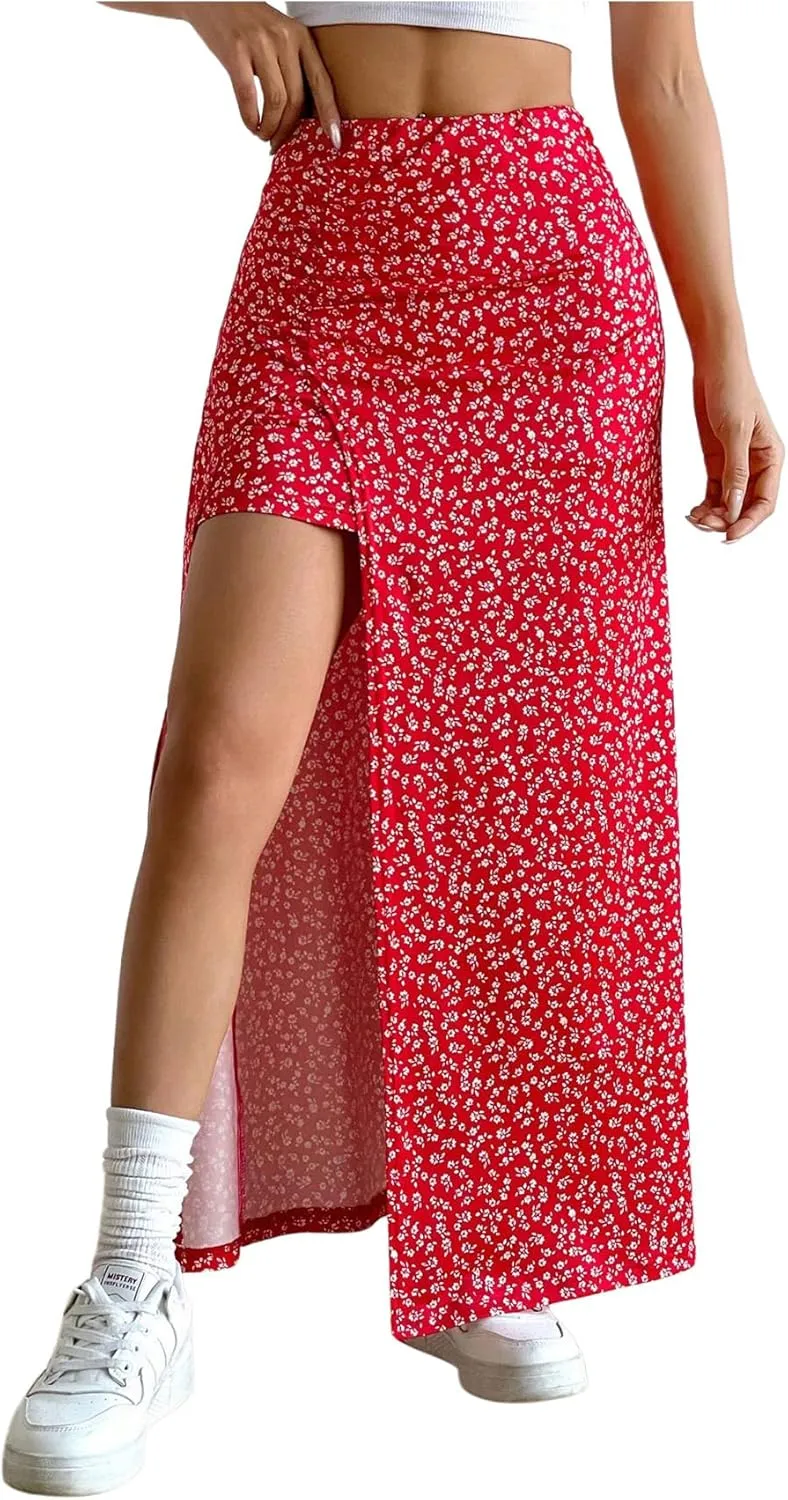 SweatyRocks Women's Floral Print Split Thigh Mid Waist Boho Vacation Long Skirts