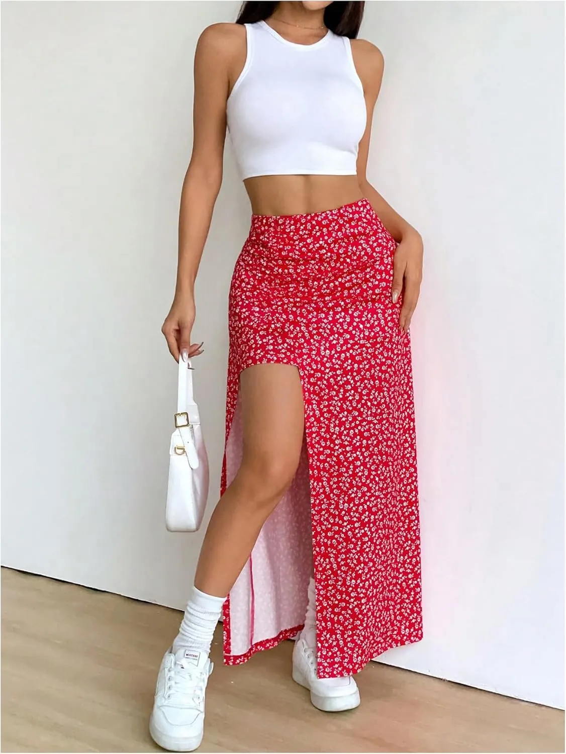 SweatyRocks Women's Floral Print Split Thigh Mid Waist Boho Vacation Long Skirts