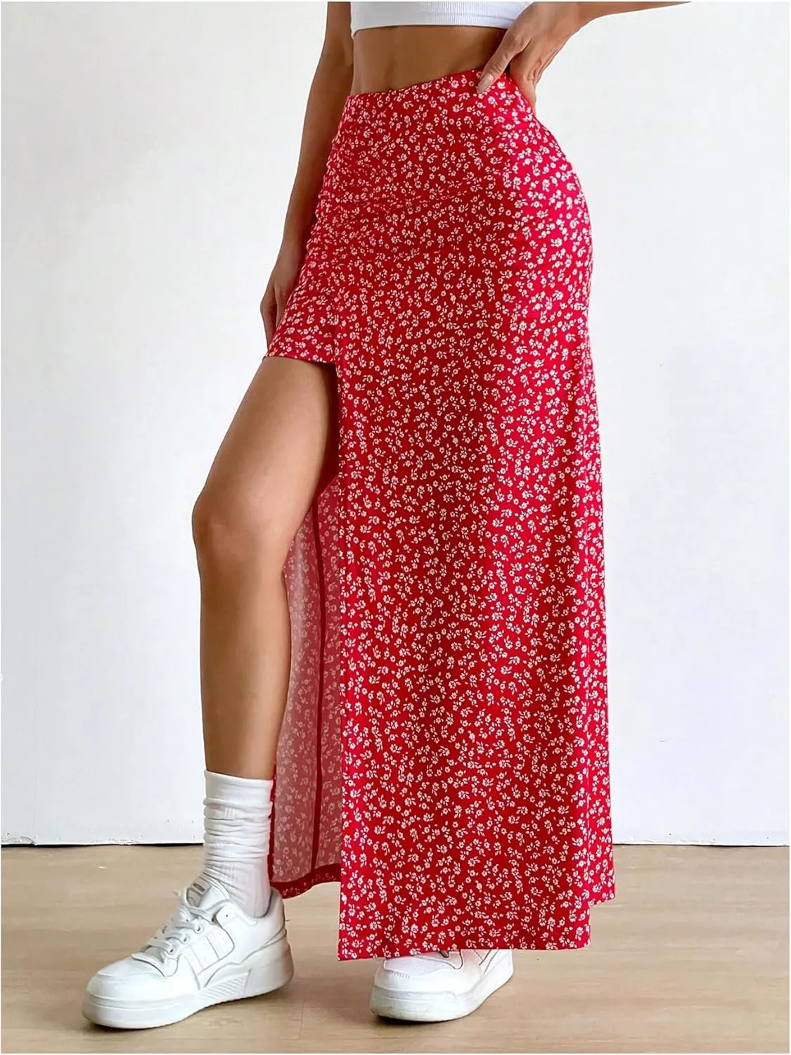 SweatyRocks Women's Floral Print Split Thigh Mid Waist Boho Vacation Long Skirts
