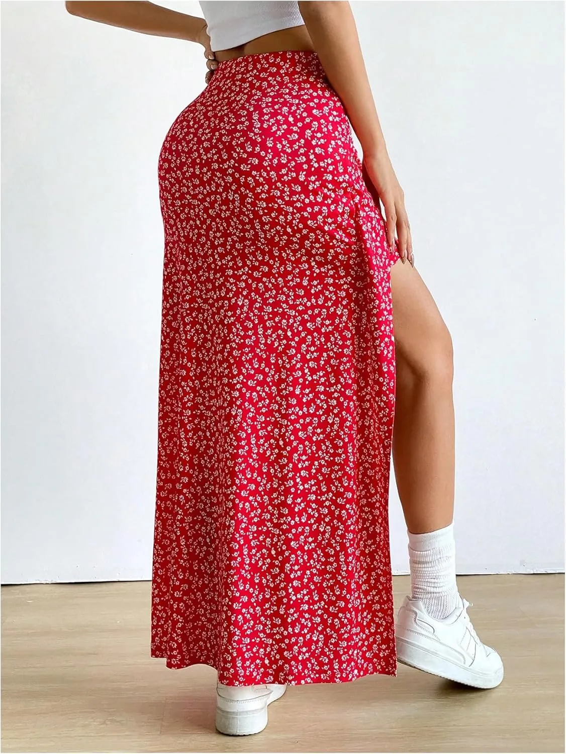 SweatyRocks Women's Floral Print Split Thigh Mid Waist Boho Vacation Long Skirts