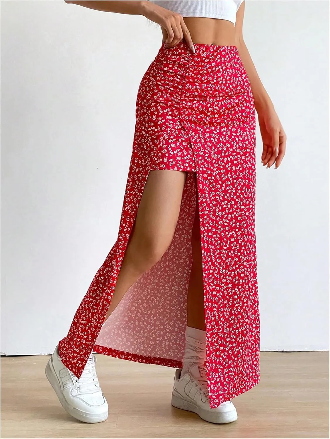 SweatyRocks Women's Floral Print Split Thigh Mid Waist Boho Vacation Long Skirts