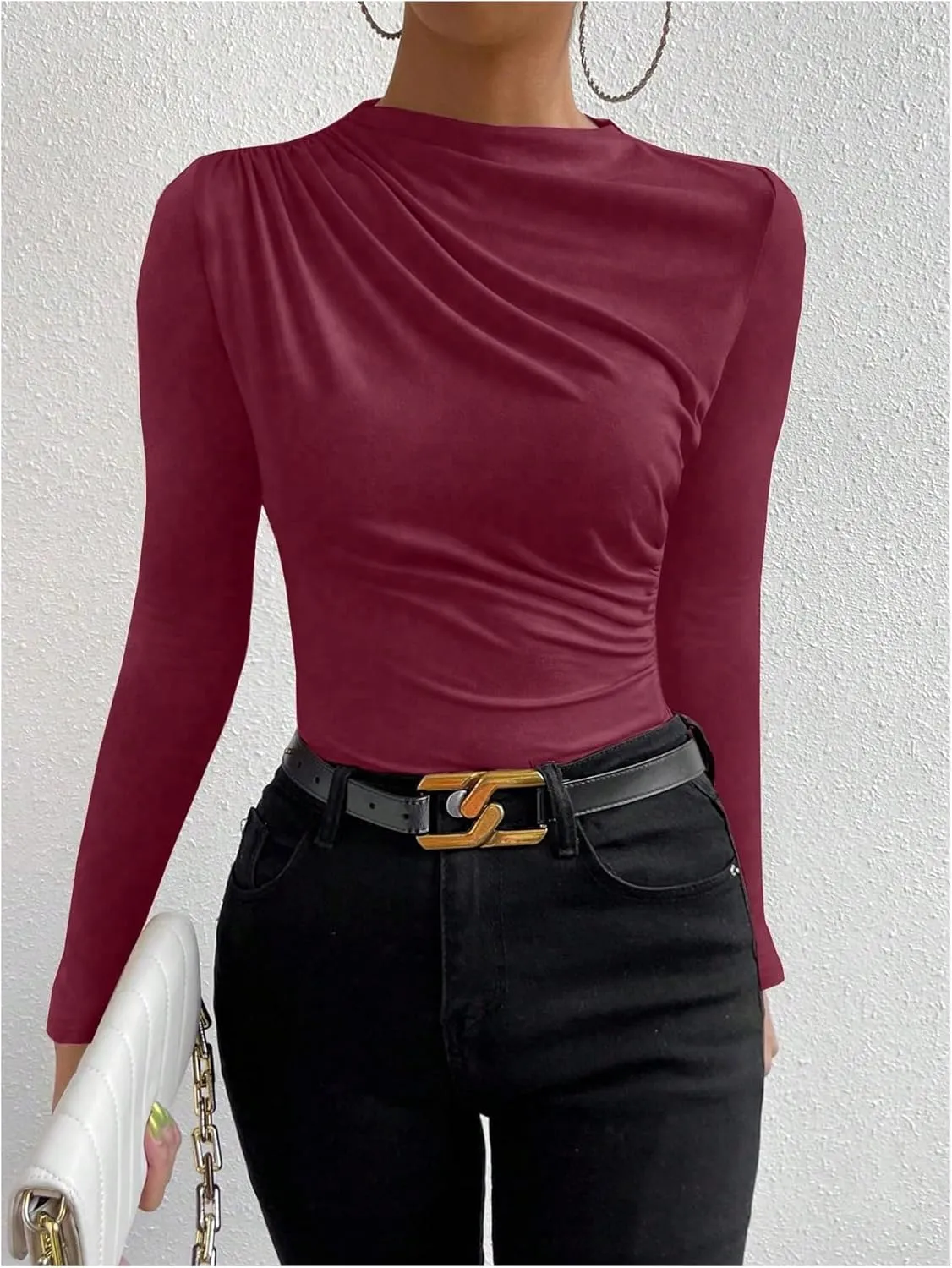 SweatyRocks Women's Ruched Long Sleeve Shirts Mock Neck Fitted T Shirts Basic Tops