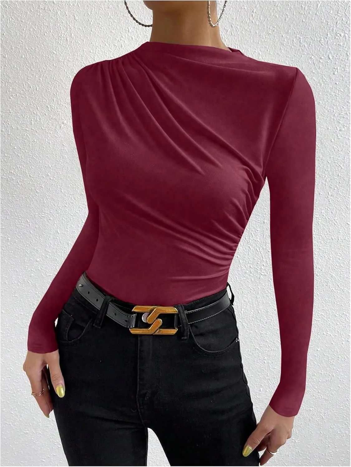SweatyRocks Women's Ruched Long Sleeve Shirts Mock Neck Fitted T Shirts Basic Tops