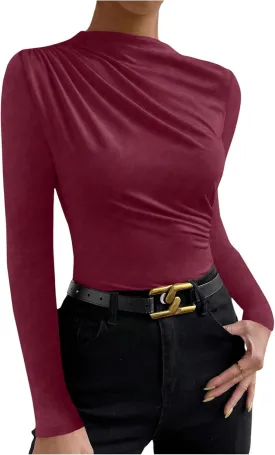 SweatyRocks Women's Ruched Long Sleeve Shirts Mock Neck Fitted T Shirts Basic Tops