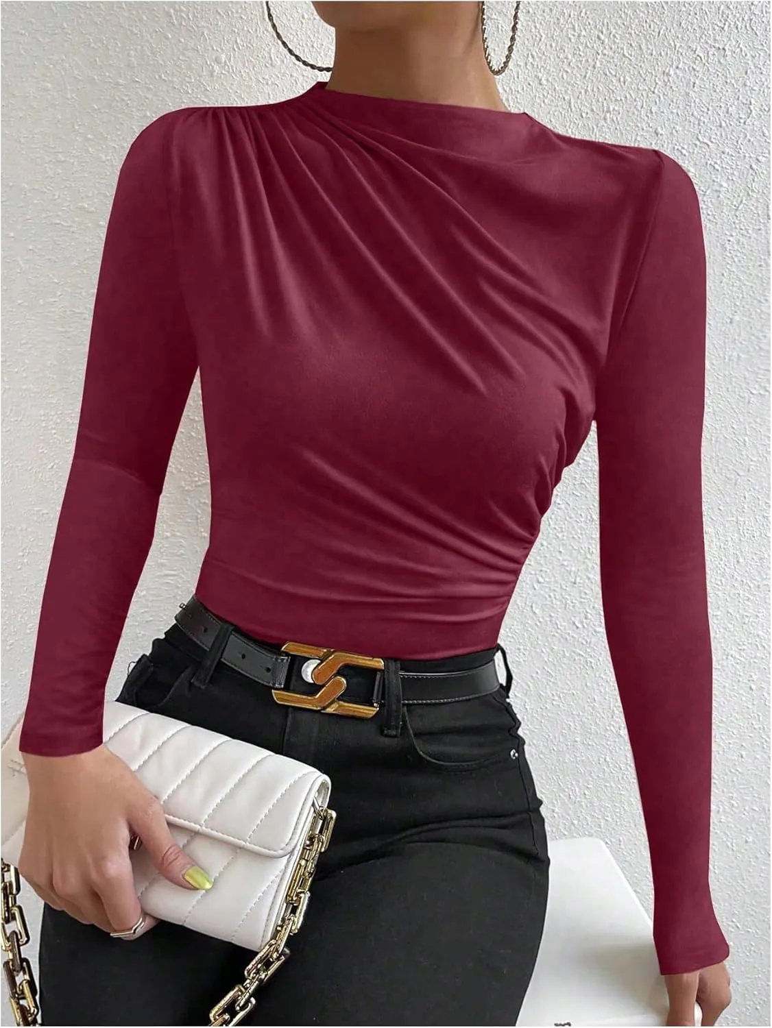 SweatyRocks Women's Ruched Long Sleeve Shirts Mock Neck Fitted T Shirts Basic Tops