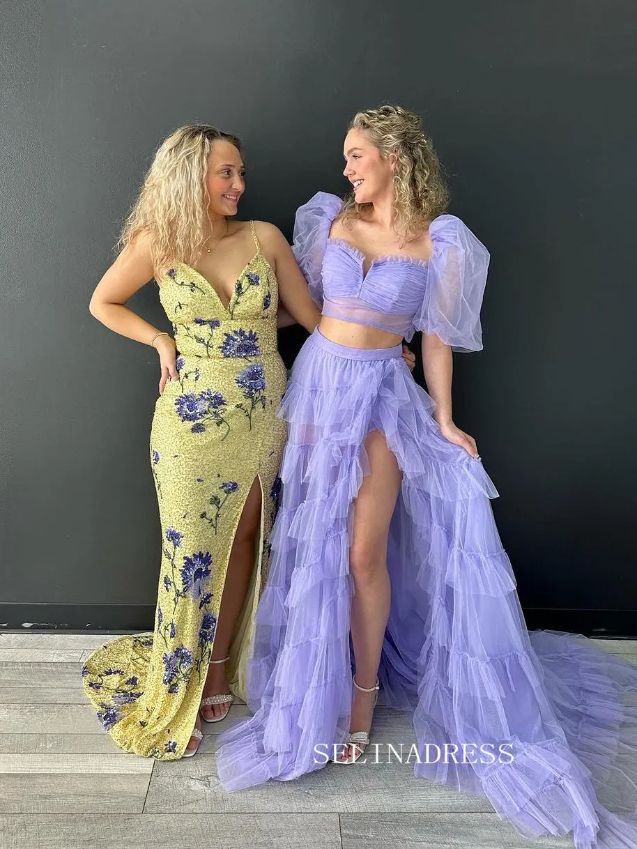 Two Pieces Tulle Prom Dresse Long Ball Gown with Puffy Sleeves for Teens Girls High Slit Fromal Evening Gowns sew1076