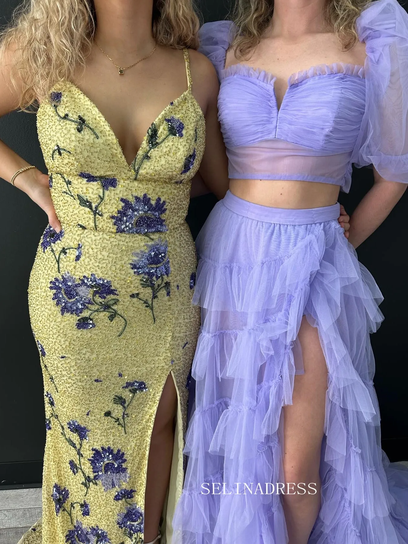 Two Pieces Tulle Prom Dresse Long Ball Gown with Puffy Sleeves for Teens Girls High Slit Fromal Evening Gowns sew1076