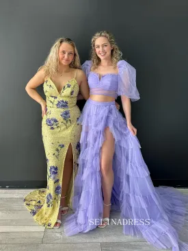 Two Pieces Tulle Prom Dresse Long Ball Gown with Puffy Sleeves for Teens Girls High Slit Fromal Evening Gowns sew1076