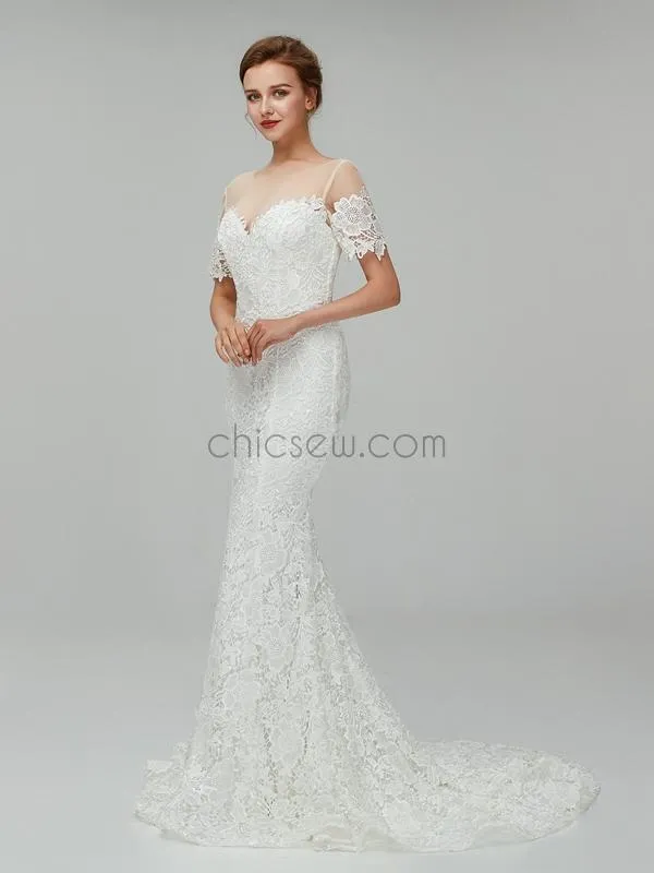 Unique Short Sleeves Lace Mermaid Long Wedding Dresses XDM1107