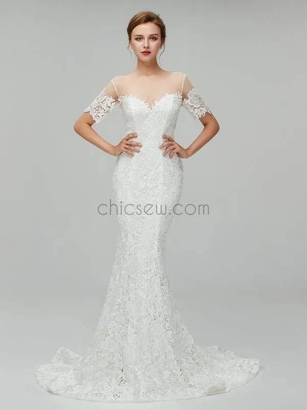 Unique Short Sleeves Lace Mermaid Long Wedding Dresses XDM1107