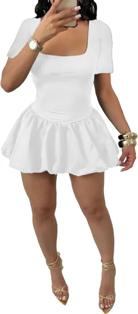 Vakkest Women's Square Neck Mini Bubble Dress Long Sleeve Cute Elegant Patchwork Cocktail Party Y2k Clubwear Dresses