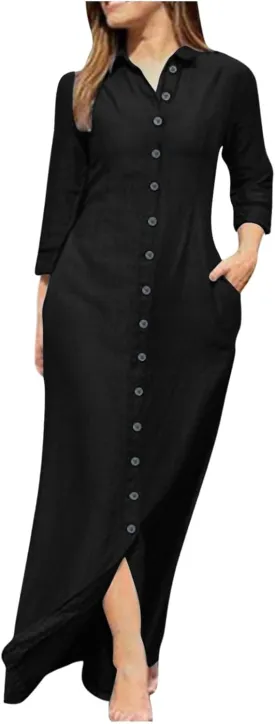 Women Casual Button Shirt Dress Long Sleeve Maxi Blouse Dresses Lapel Flowy Summer Beach Long Dress with Pockets