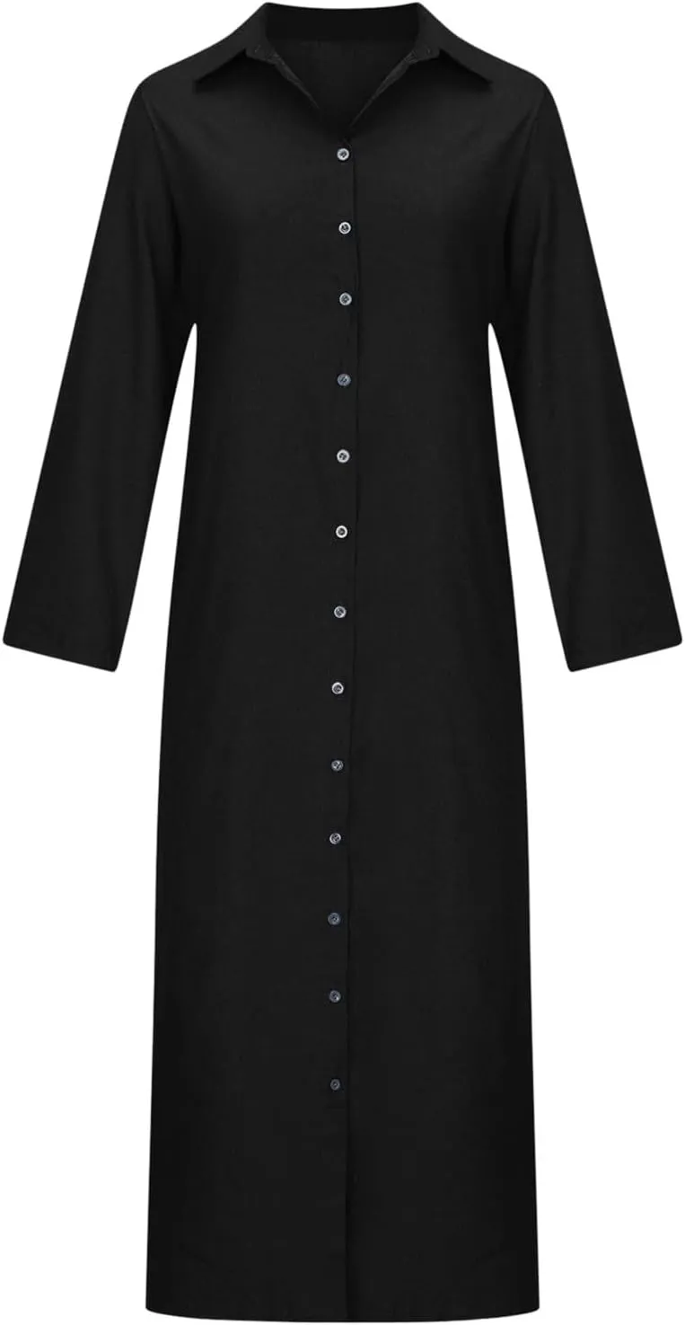 Women Casual Button Shirt Dress Long Sleeve Maxi Blouse Dresses Lapel Flowy Summer Beach Long Dress with Pockets