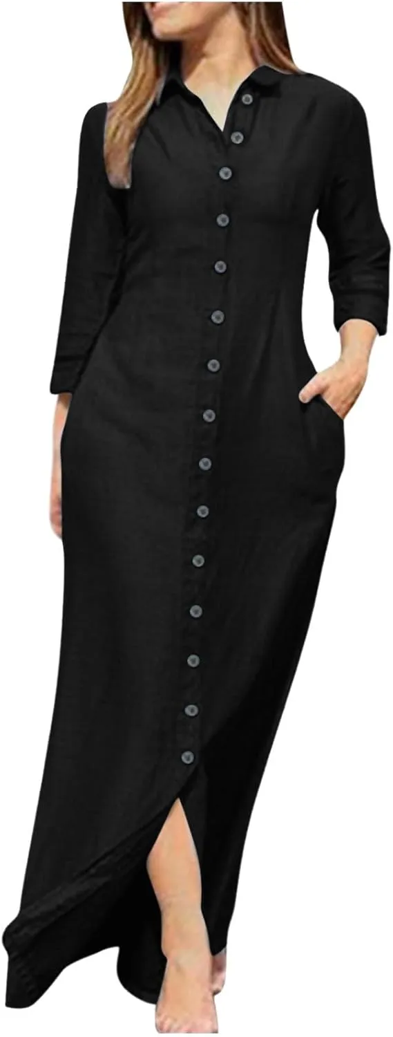 Women Casual Button Shirt Dress Long Sleeve Maxi Blouse Dresses Lapel Flowy Summer Beach Long Dress with Pockets