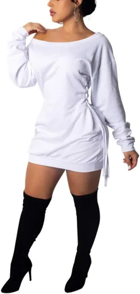 Women Casual Fall Dress - Long Bell Sleeve Pleated Bodycon Fitted Mini Work Clothes Club Outfit