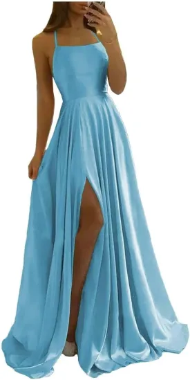 Women Long Formal Dress Solid Satin Spaghetti Straps A Line Evening Cocktail Dresses with Slit