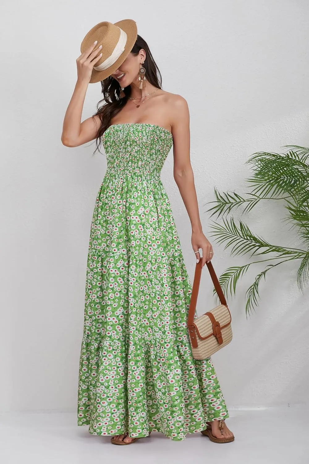 Women Strapless A Line Maxi Dress Tube Top Backless Casual Summer Dress
