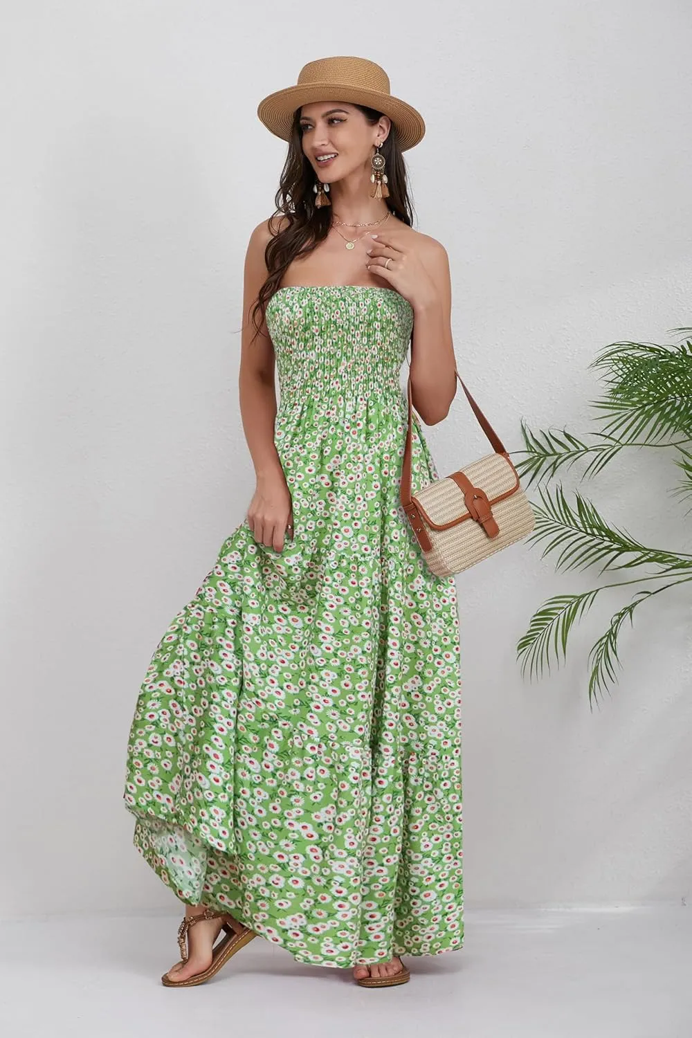 Women Strapless A Line Maxi Dress Tube Top Backless Casual Summer Dress