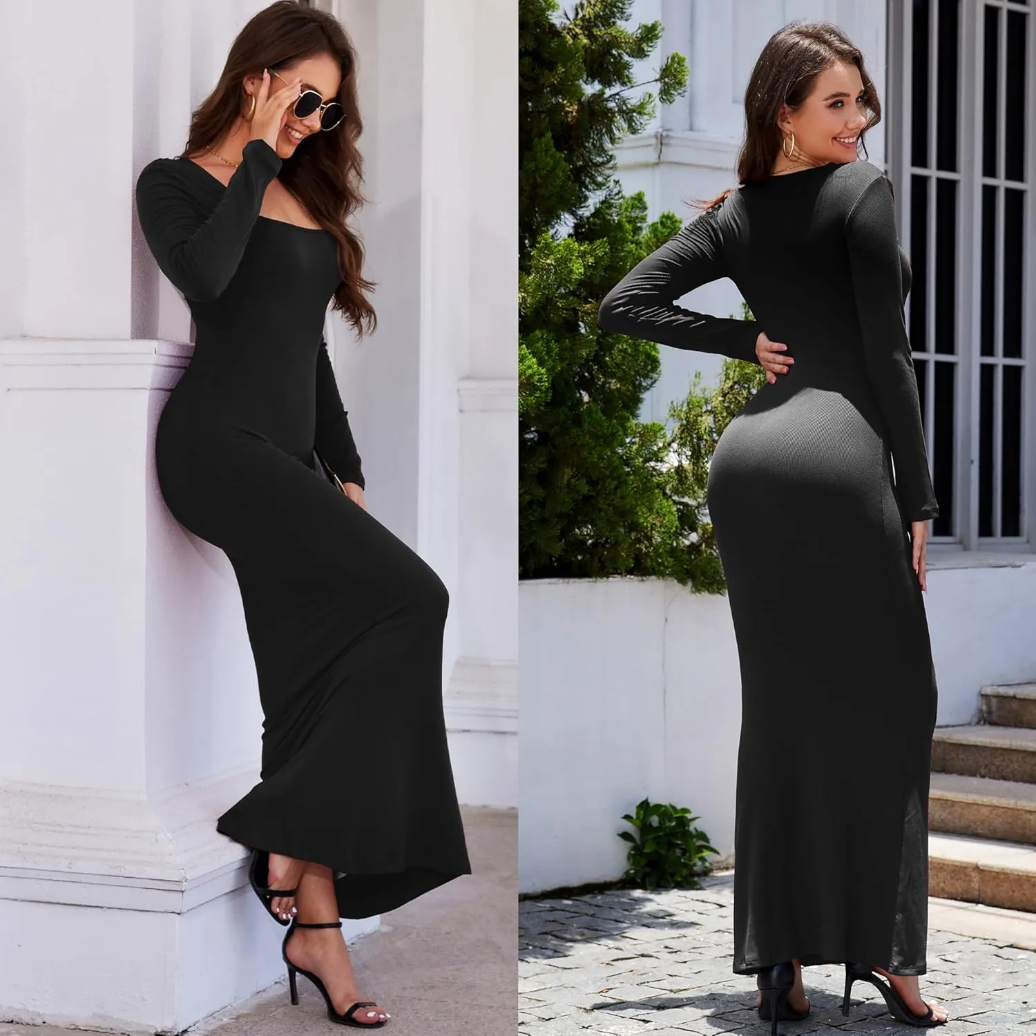 Women's 2025 Spring Dresses Square Neck Long Sleeve Ribbed Knit Elegant Evening Party Casual Bodycon Long Maxi Dress