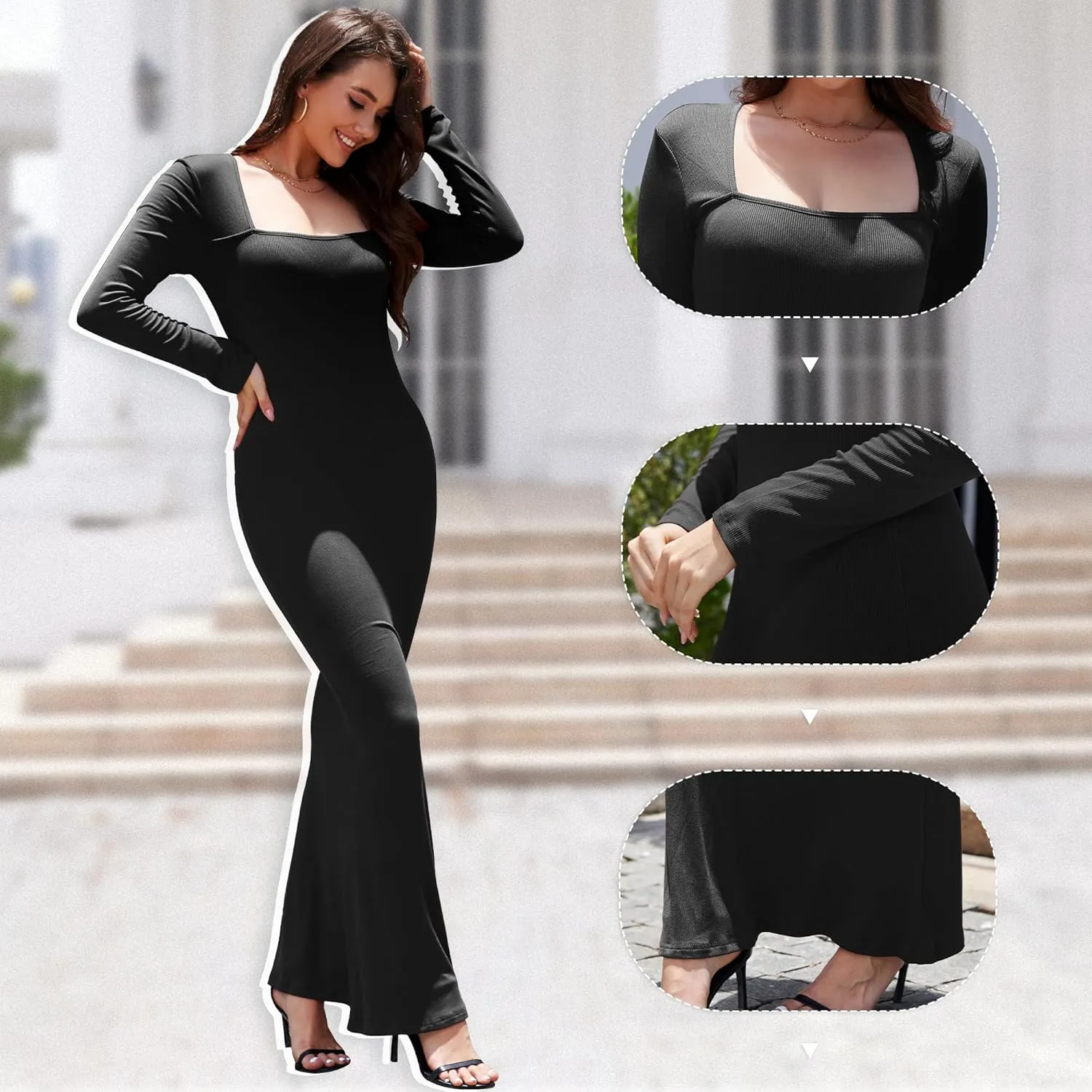 Women's 2025 Spring Dresses Square Neck Long Sleeve Ribbed Knit Elegant Evening Party Casual Bodycon Long Maxi Dress